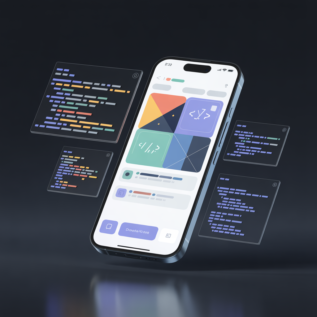 A floating modern smartphone showing a clean geometric app interface, surrounded by glowing code snippets and floating UI elements, dark background, premium lighting